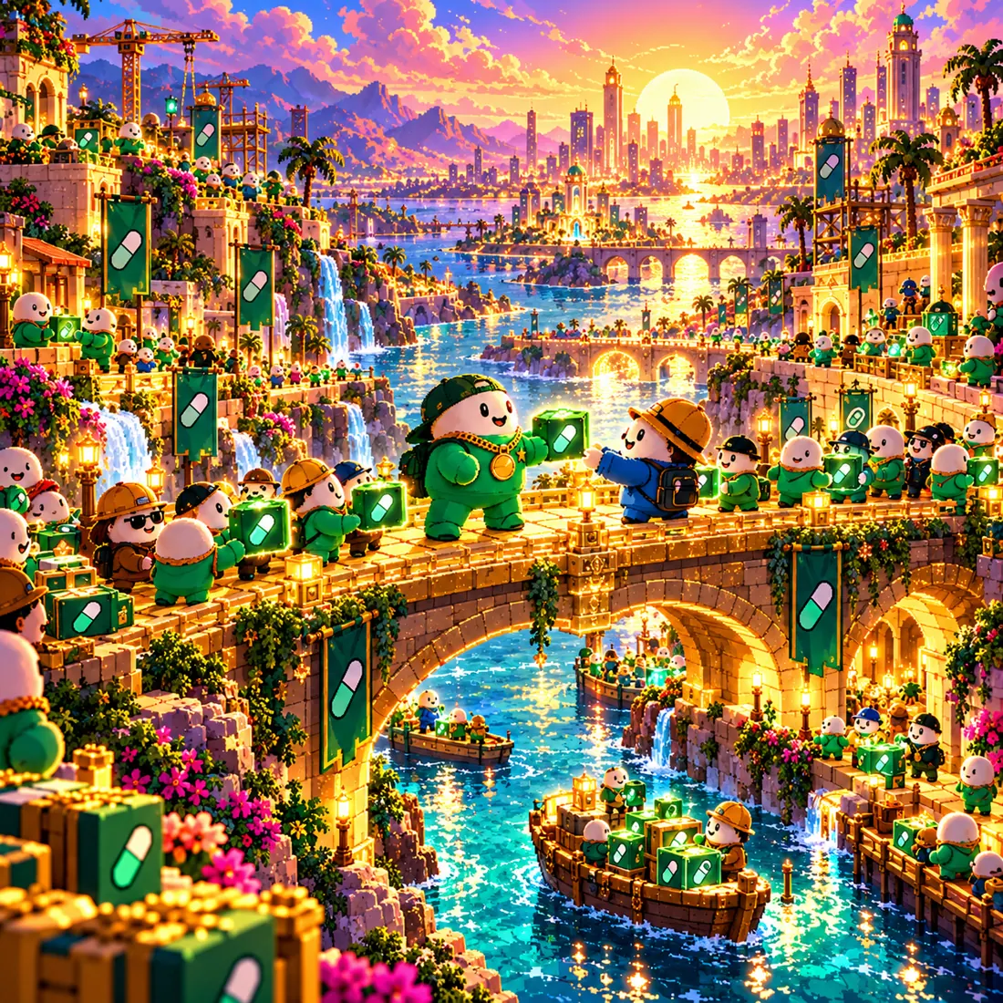 Crowds of plush builders passing glowing crates across a stone bridge