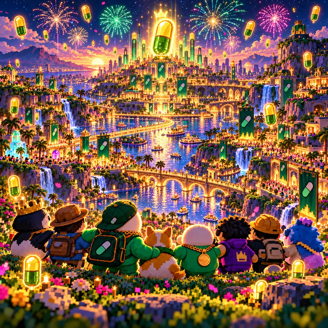 Mascot and friends watch fireworks over Pump City at night