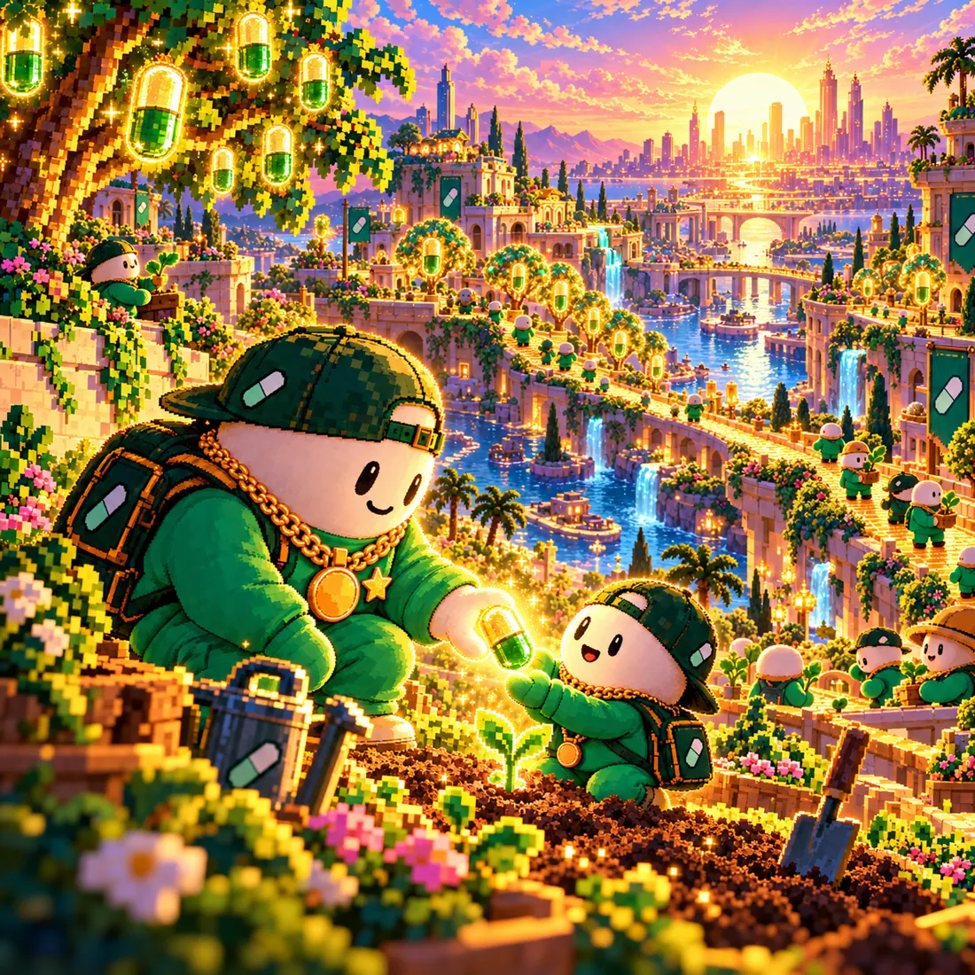 Mascot handing a glowing pill to a smaller plushie in a sunset garden