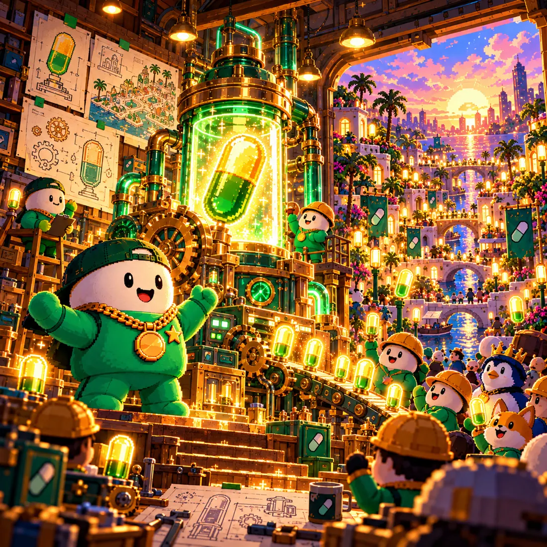 Mascot cheering in a workshop beside a giant glowing pill reactor